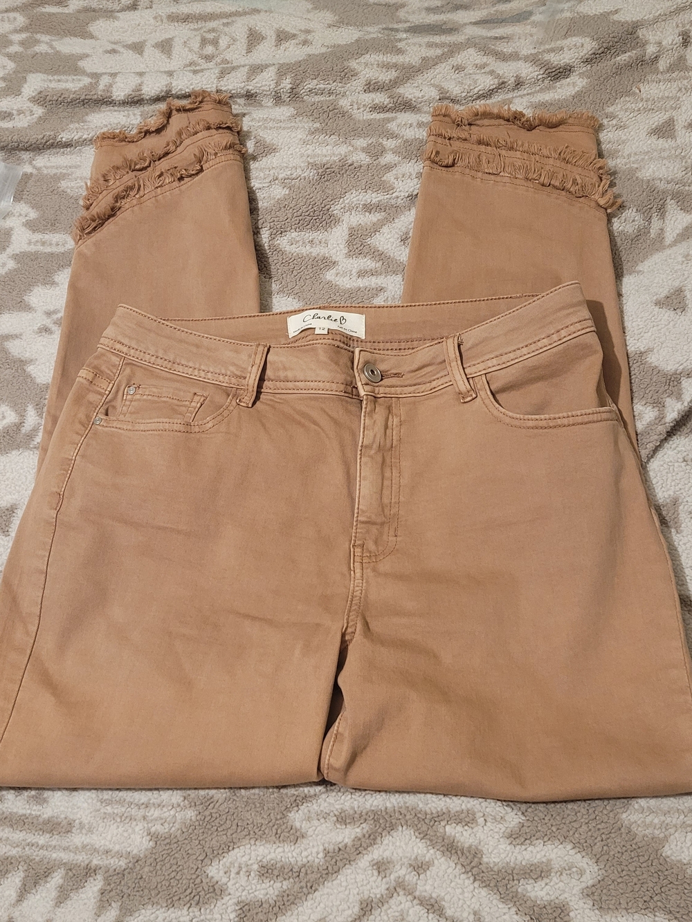 CHARLIE B Cropped Frayed Hem Jeans in Tan